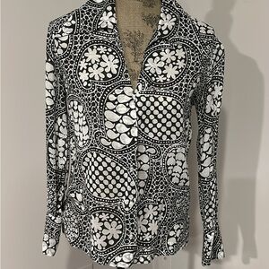 Rhoda Lee vintage black white paisley, semi sheer top size medium.